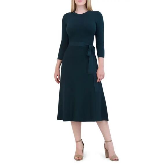 Eliza J Dresses & Skirts - Eliza J Fitted A-Line Midi Knit Black Dress 3/4 Sleeve Stretch Size Large